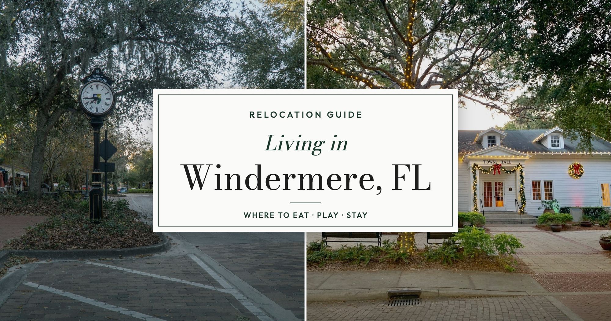 The street clock in downtown Windermere beside the historic Windermere Town Hall decorated with holiday lights, with the title Living in Windermere, FL