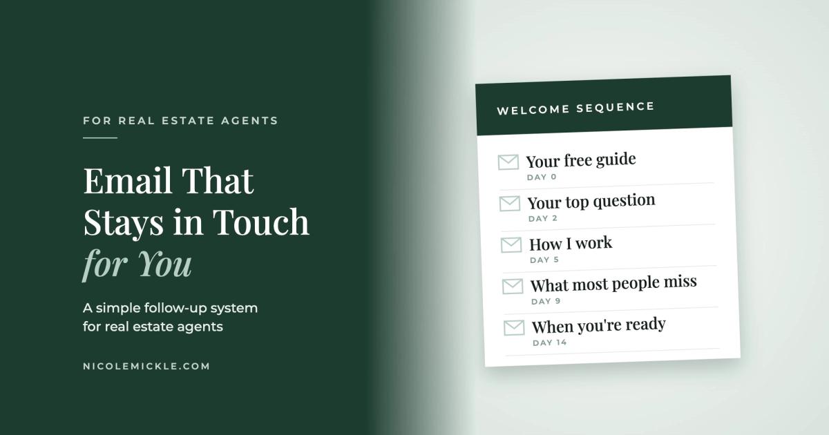 Email That Stays in Touch for You, for real estate agents, beside a five-email welcome sequence card