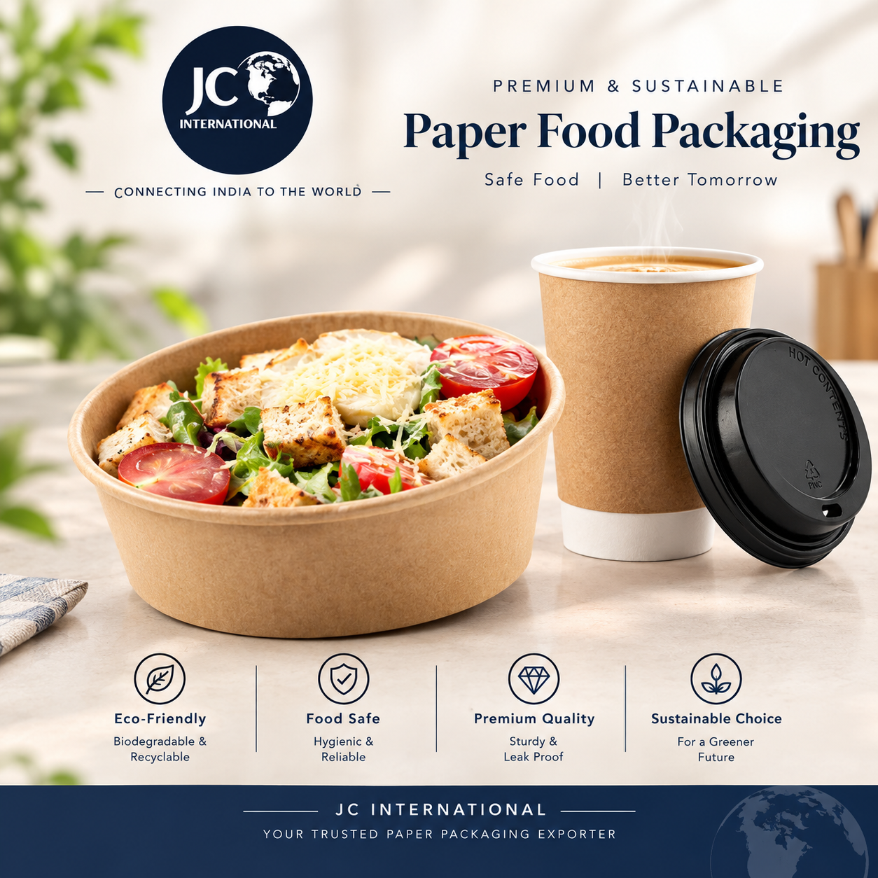 Paper food packaging exporter from India supplying paper cups, bowls, food boxes and disposable packaging