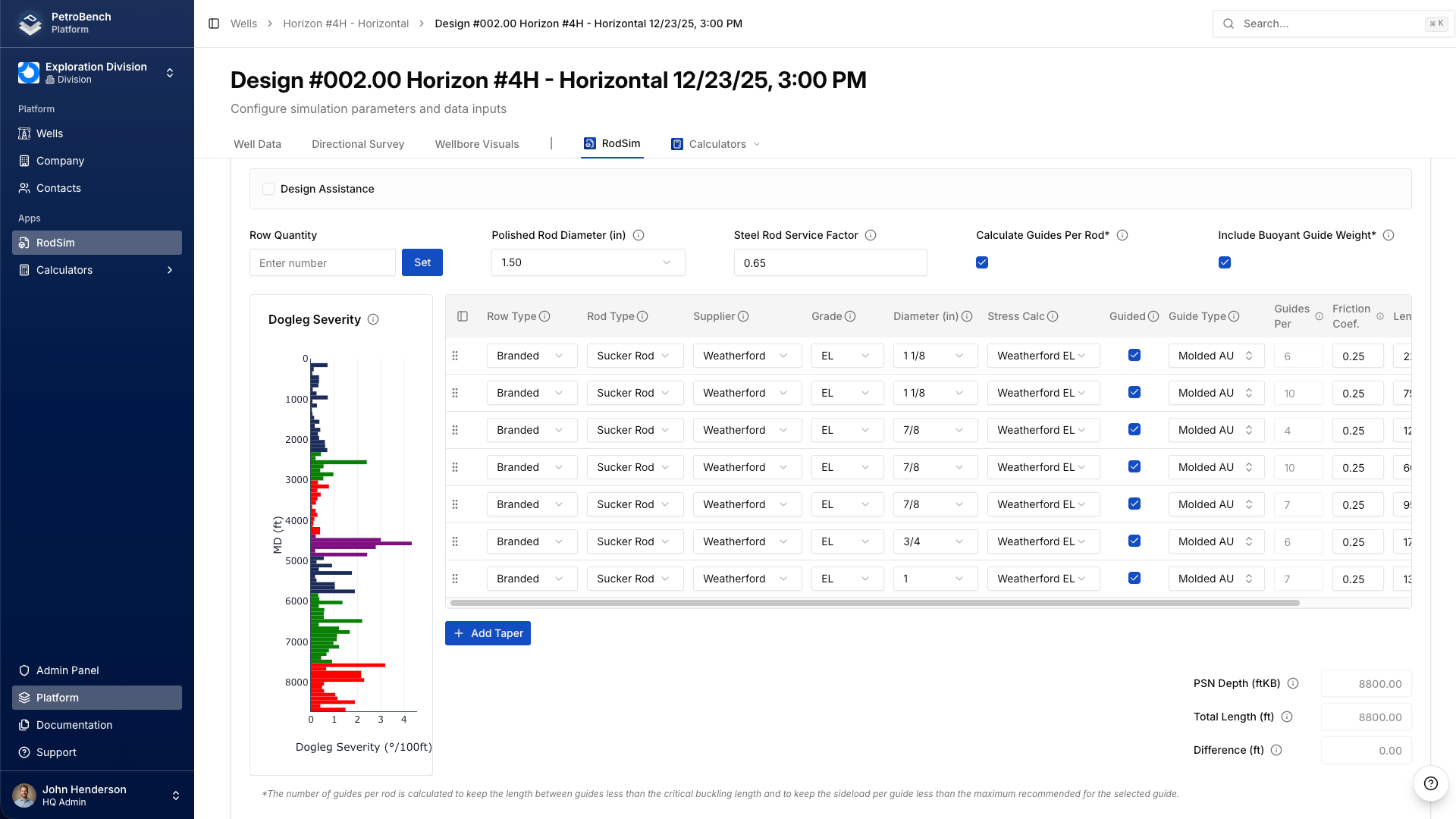 Rod Data configuration tab showing custom rod grades applied to a multi-taper rod string design
