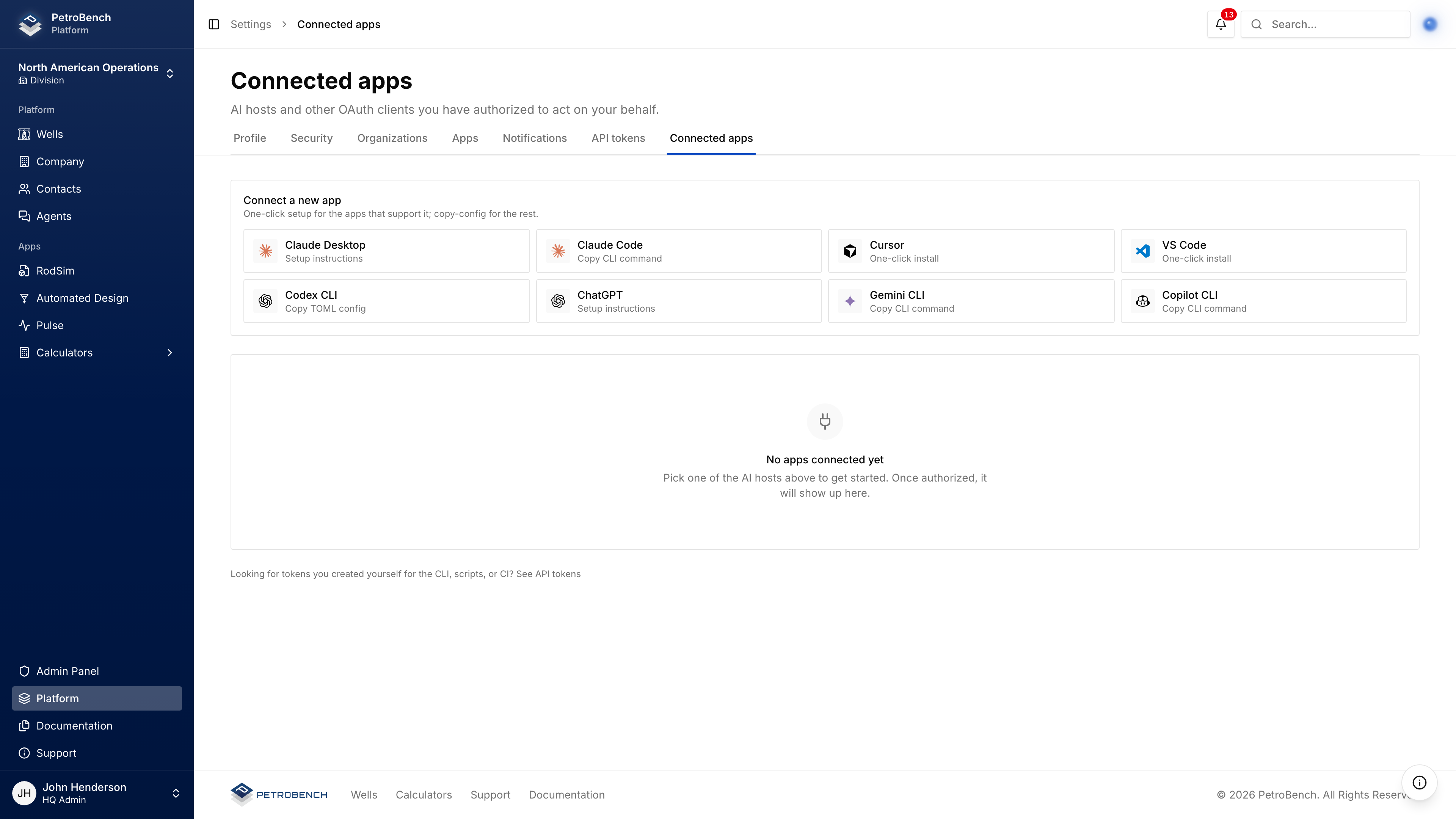 The Connected apps page showing authorized AI hosts