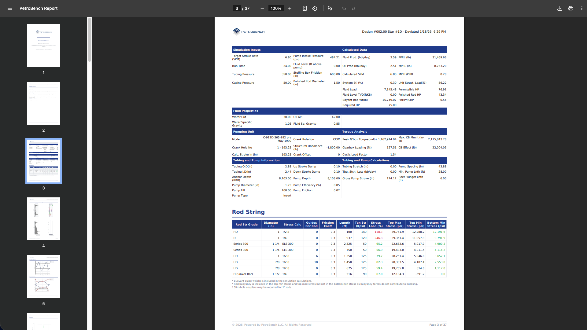 Calculated results page with production data, load parameters, fluid properties, and rod string configuration table