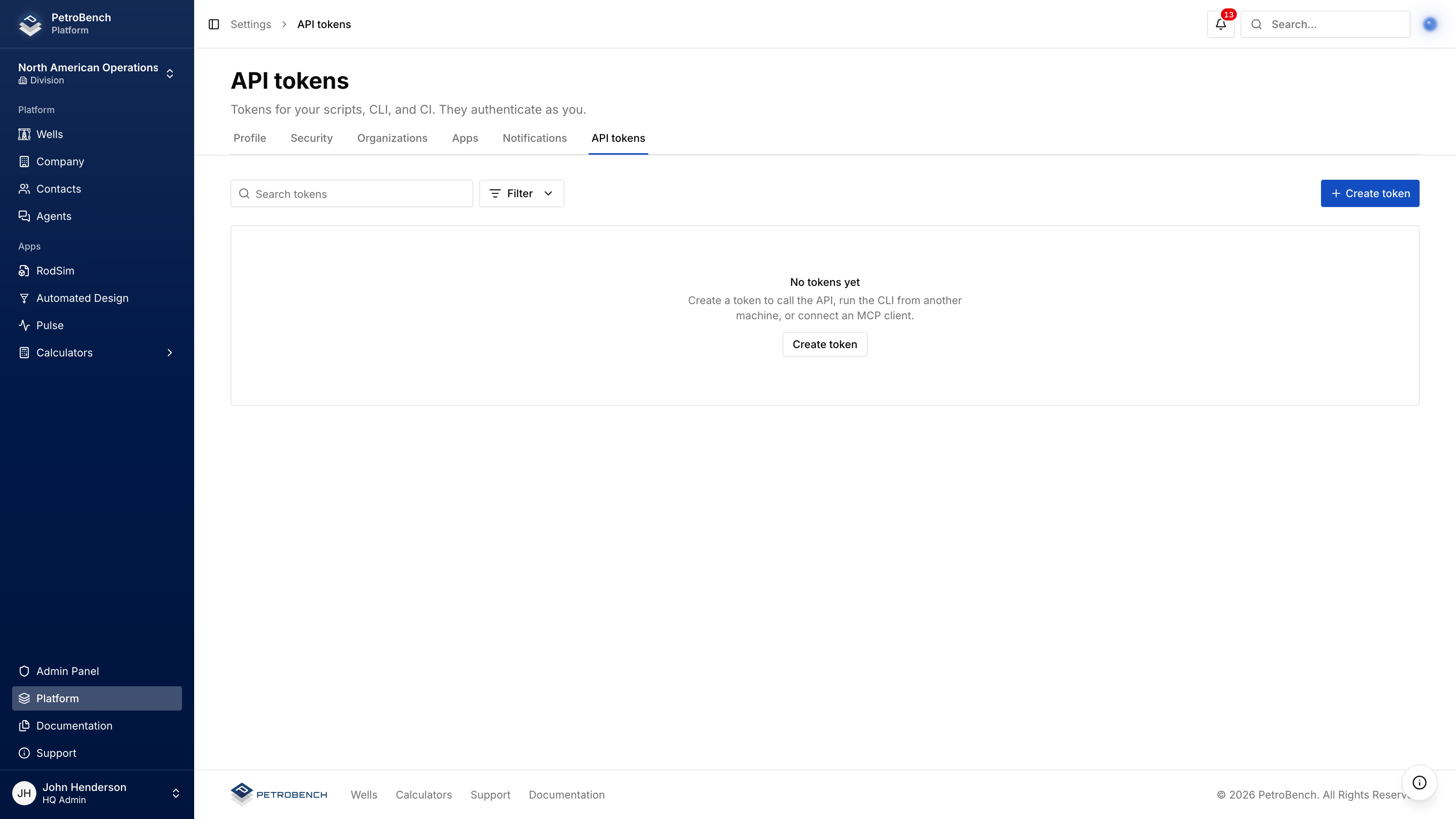 The API tokens tab in PetroBench settings
