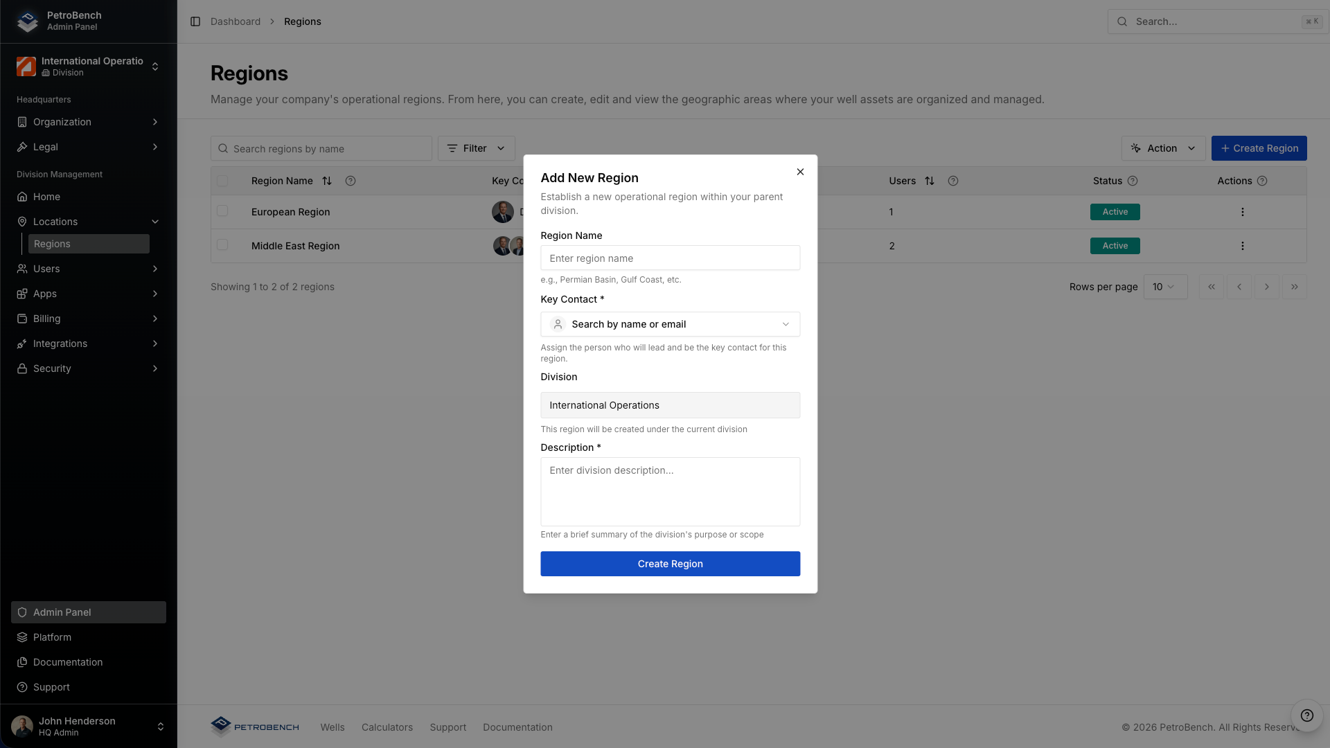 Create Region modal in PetroBench Admin with division selection and region name fields