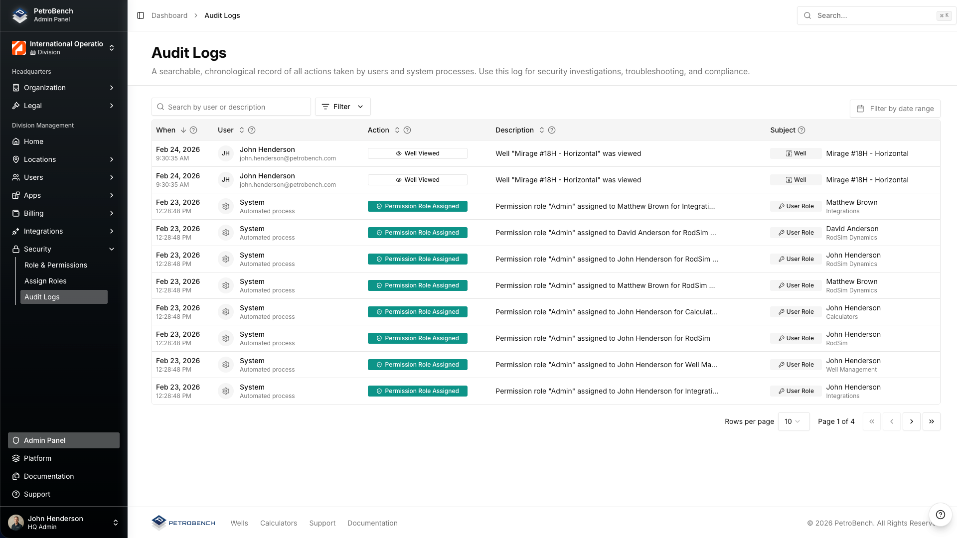 PetroBench audit log showing timestamped entries with user names, action types, affected resources, and IP addresses