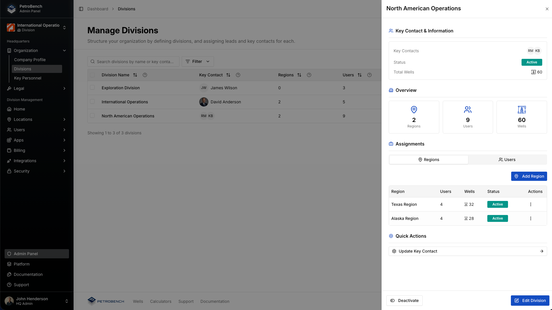 North America division detail view showing regions, users, and settings