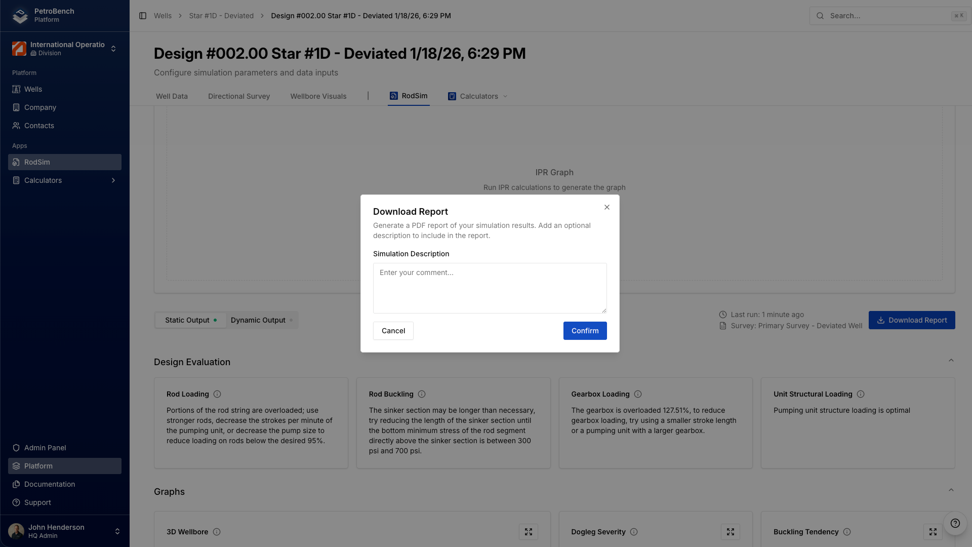 Download Report dialog in PetroBench RodSim with simulation overview and description fields