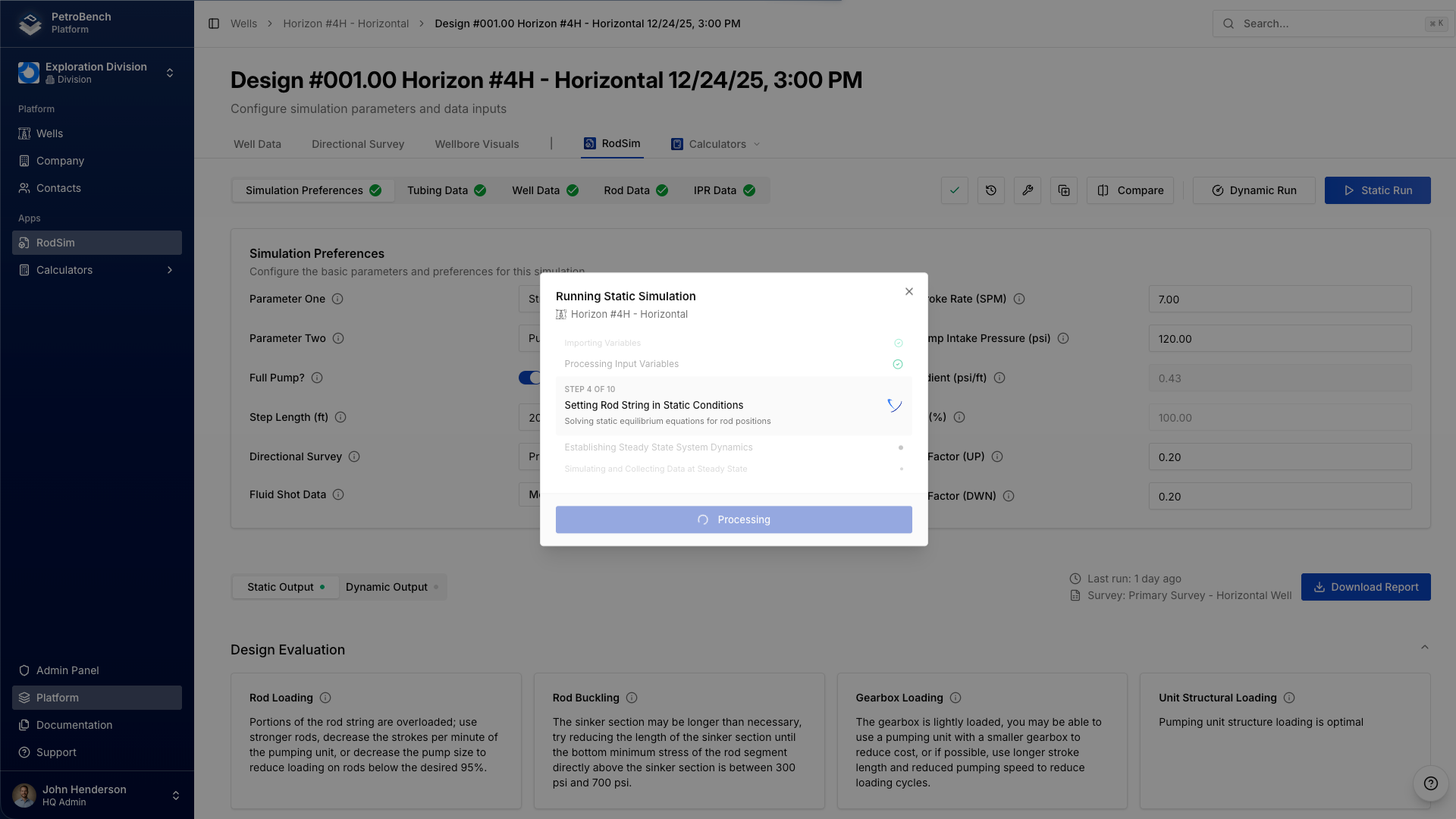 PetroBench simulation running with progress steps