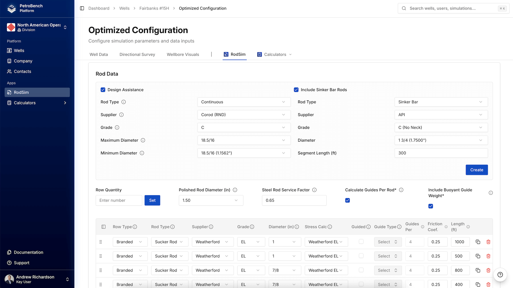 Rod data configuration showing step length and wellbore interpolation settings