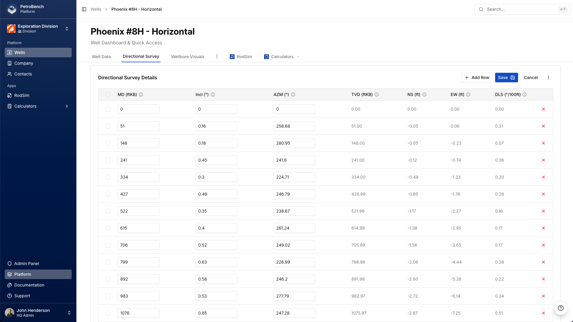 Survey table showing columns for MD, Inclination, and Azimuth with sample deviation data
