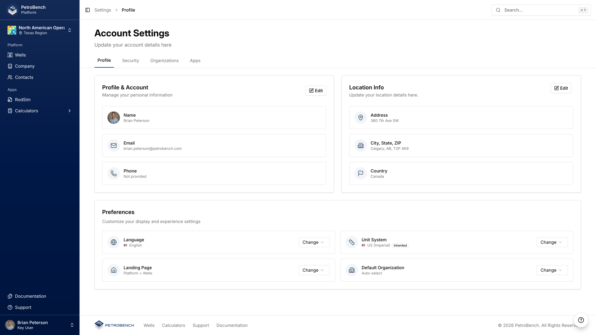 PetroBench account settings page showing profile and unit preferences