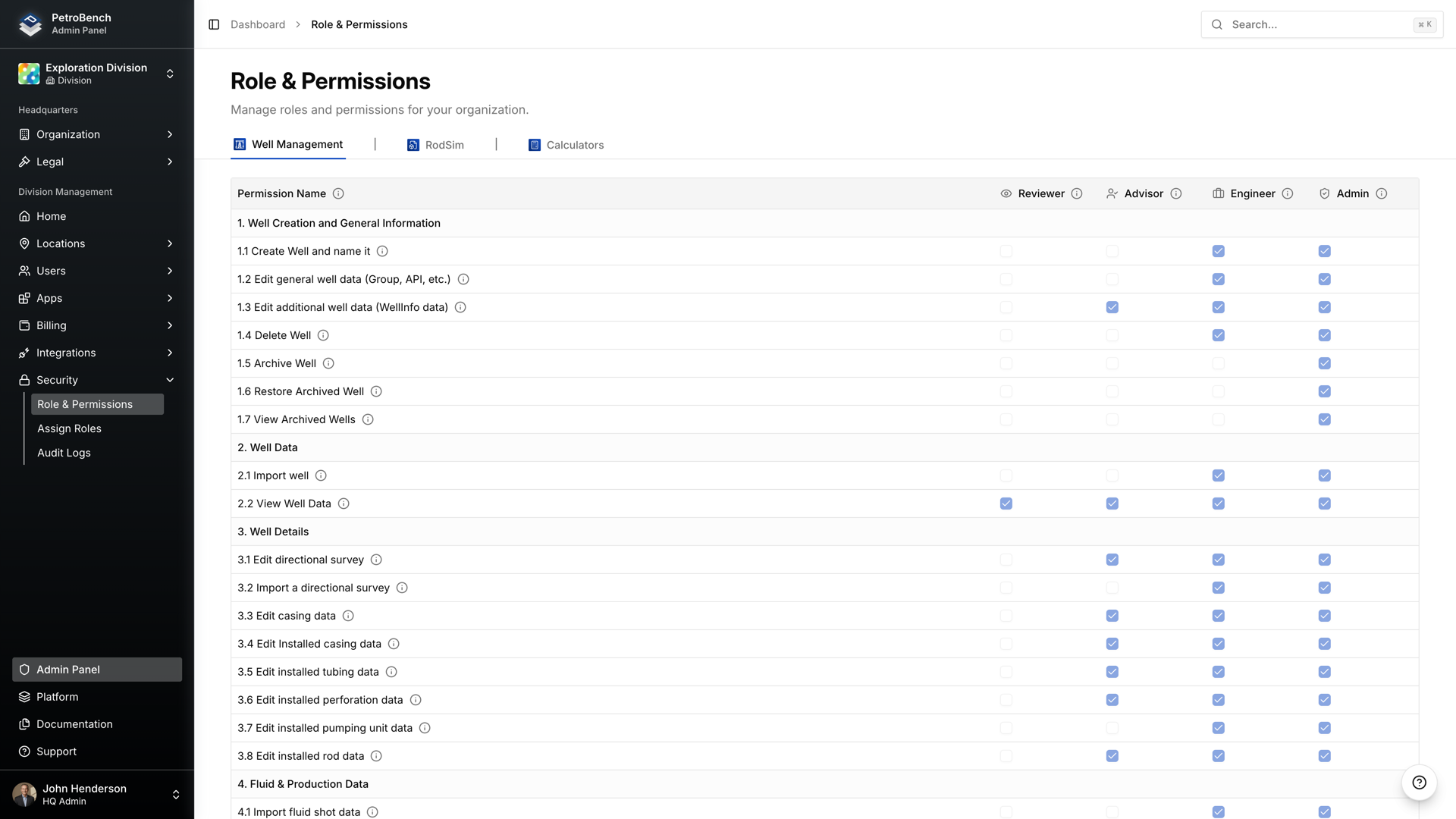 Role and Permissions matrix showing granular access control across Well Management, RodSim, and Calculators