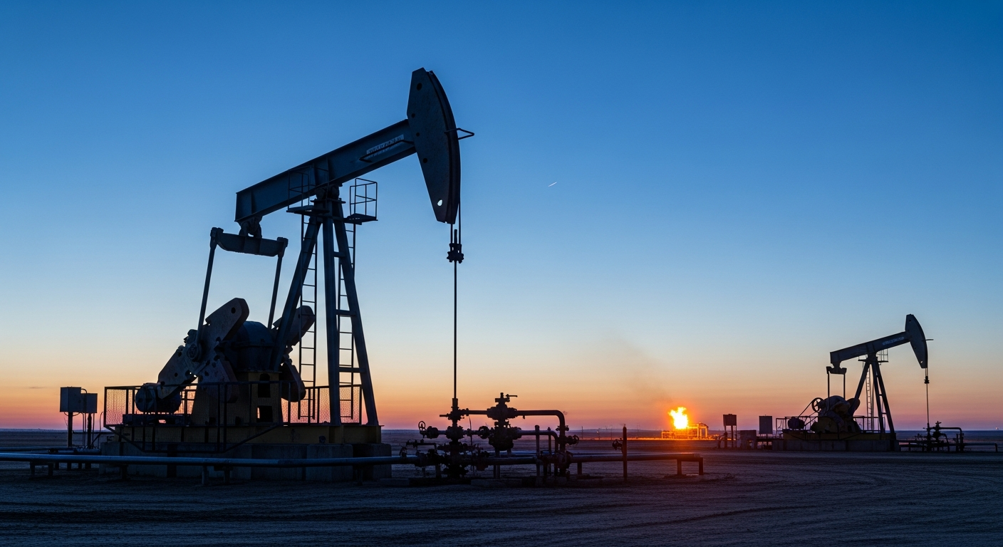 Pump jack at twilight with gas flare - Gas interference