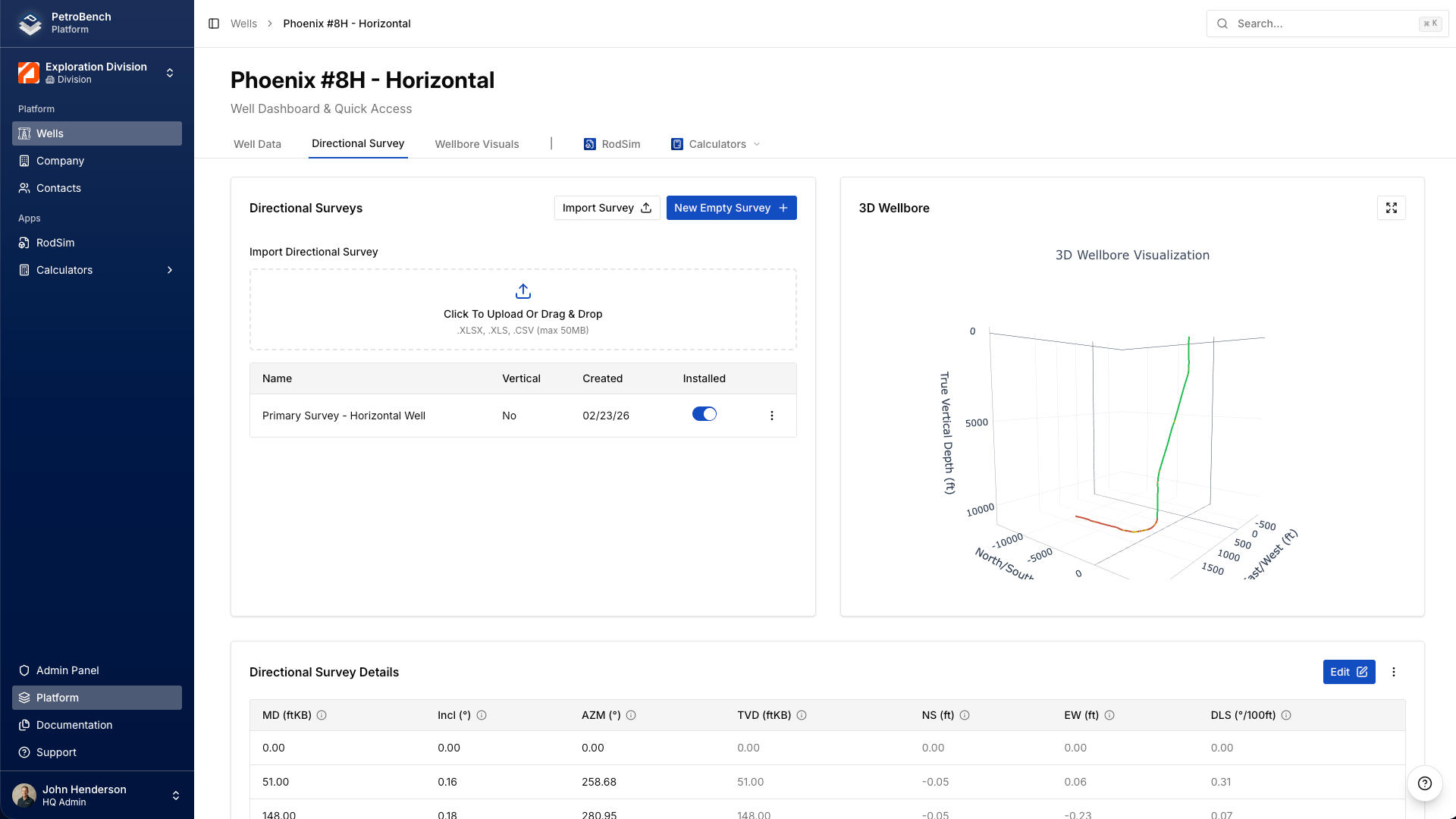 PetroBench directional survey tab with import options, survey table, and 3D wellbore visualization