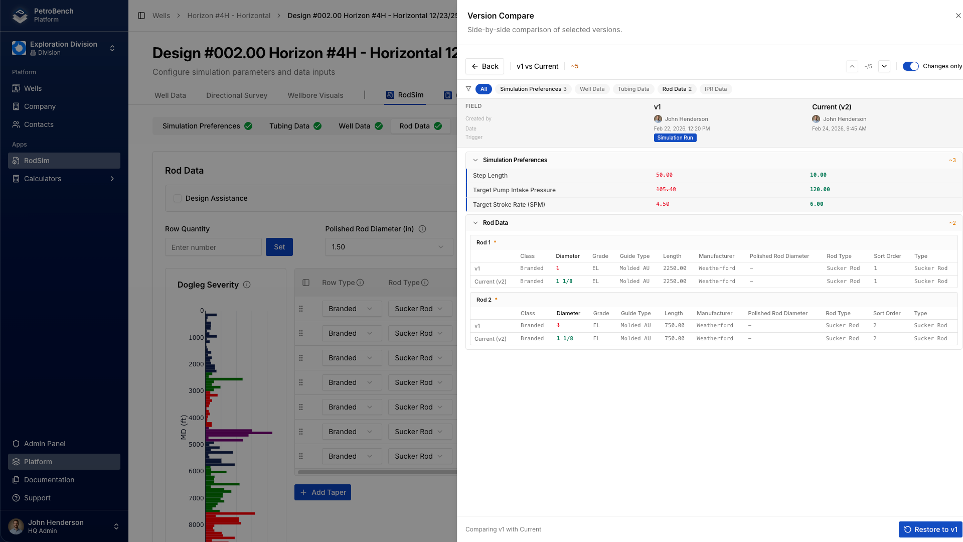 PetroBench version comparison view highlighting specific parameter differences between two rod string design revisions
