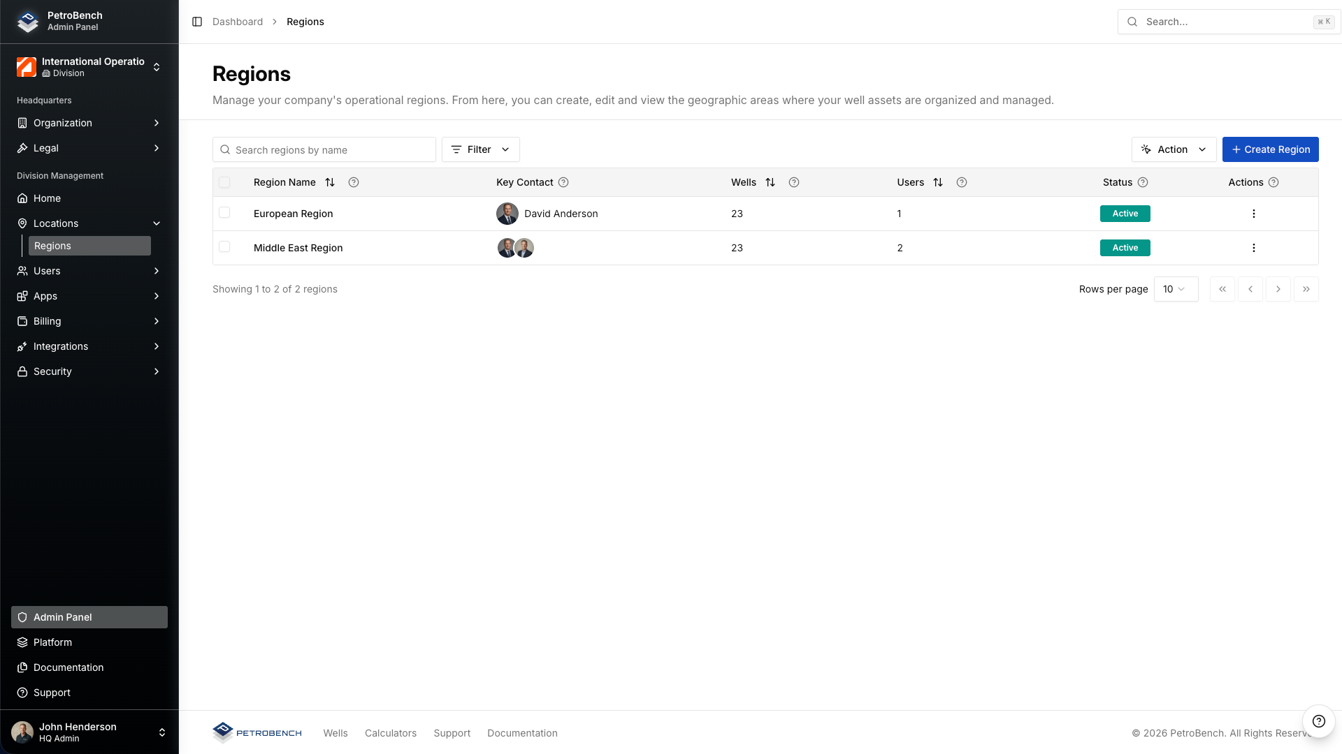Regions page showing two active regions with well counts and assigned users