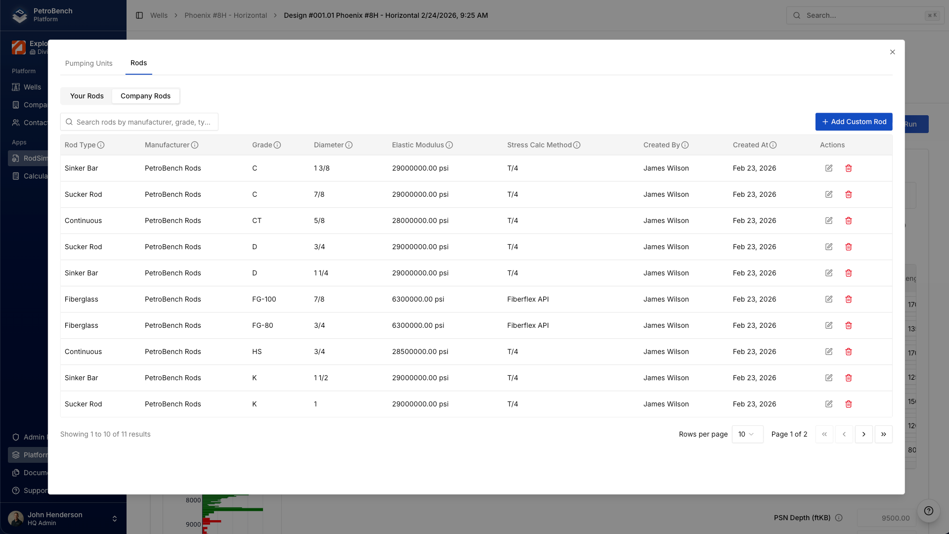 PetroBench rod equipment library with rod types, grades, diameters, and elastic modulus