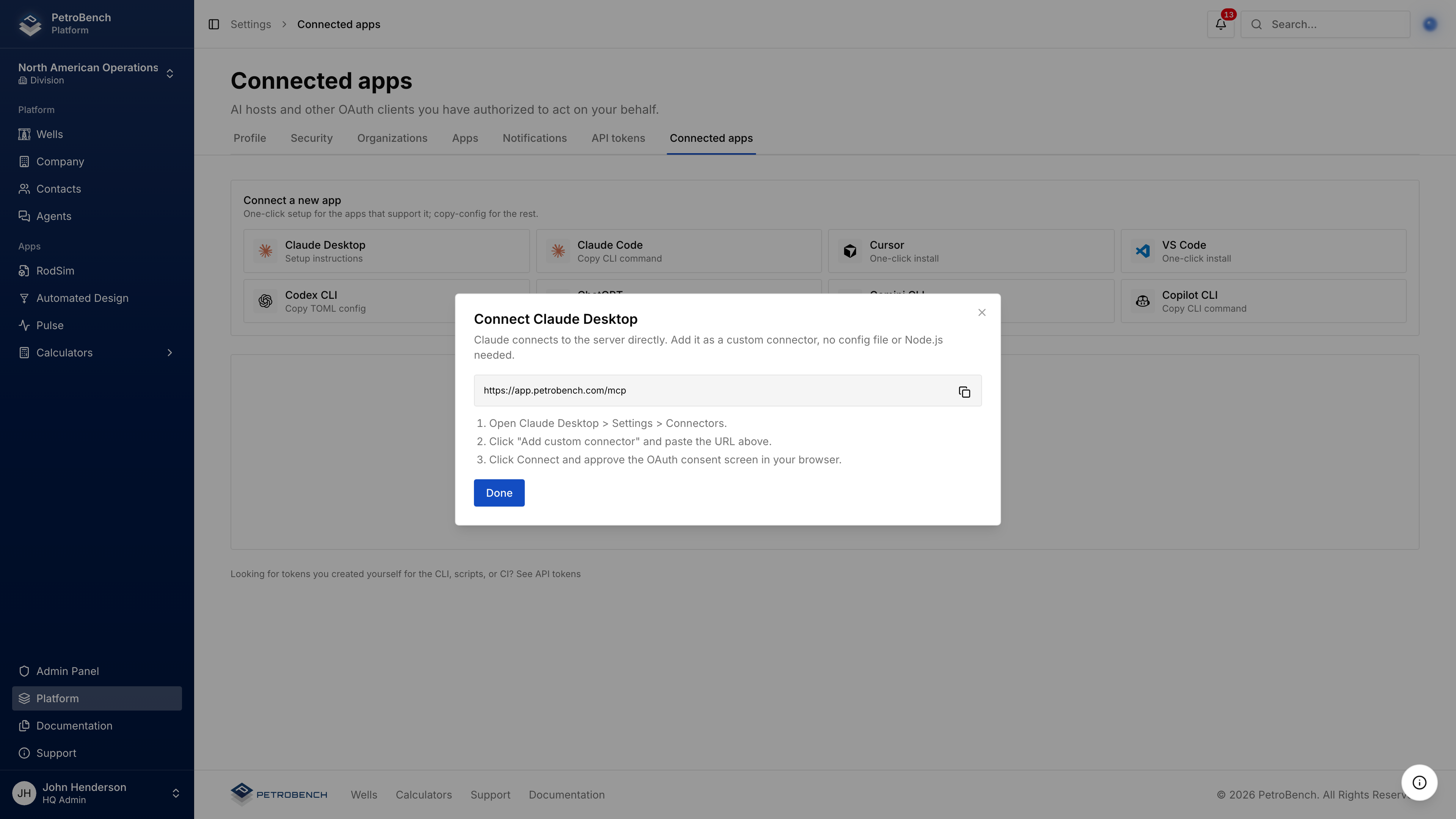 The Connect Claude Desktop dialog in PetroBench settings with the server URL and three steps