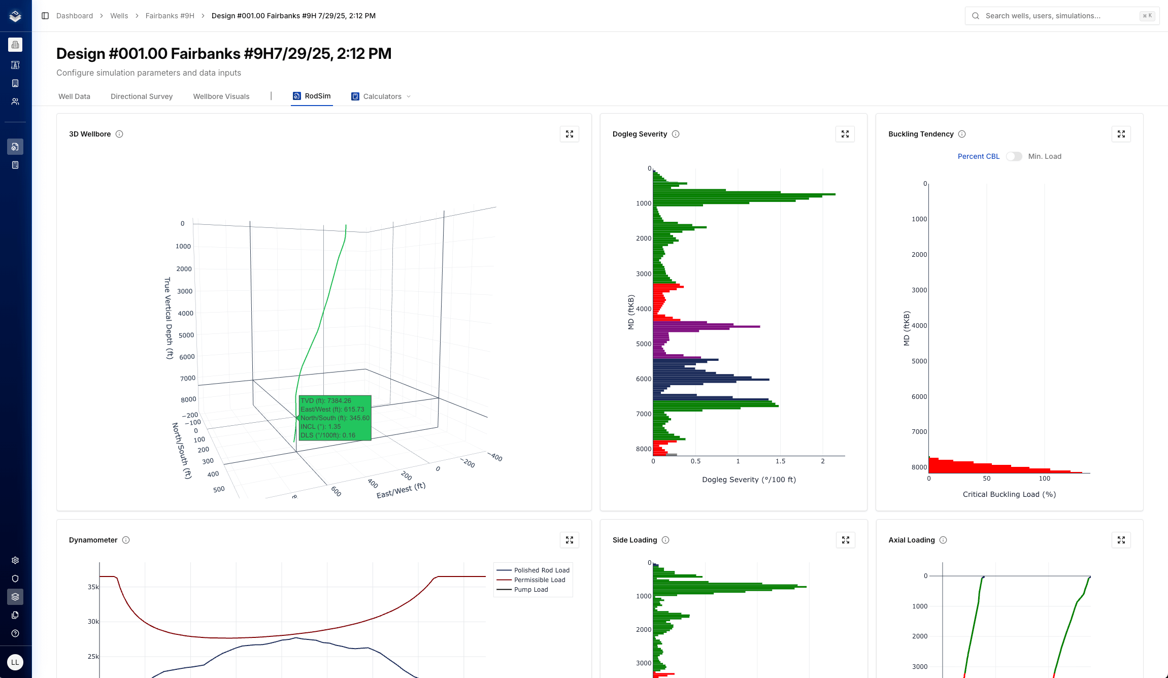 3D wellbore visualization showing side load heat map along a deviated well trajectory