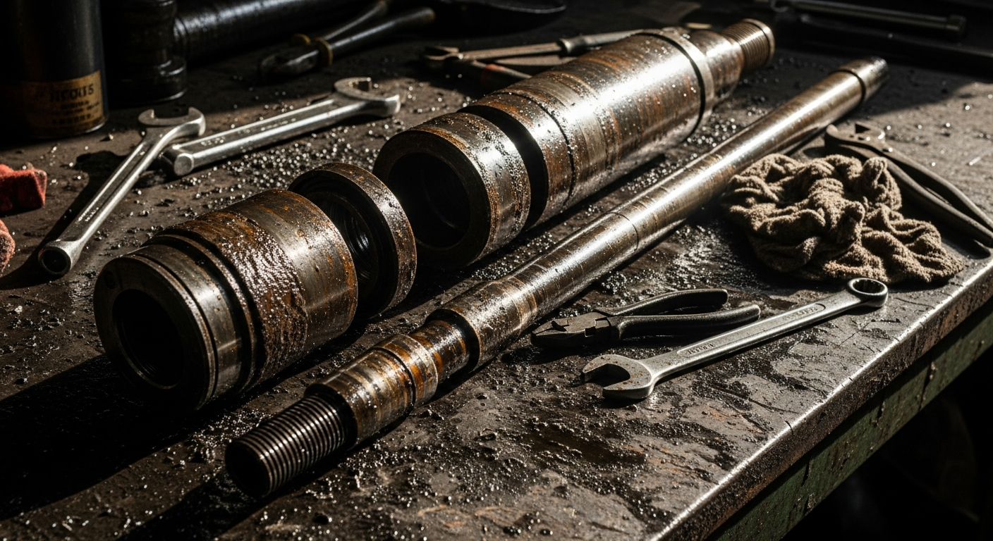 Disassembled rod pump components - Pump barrel failures