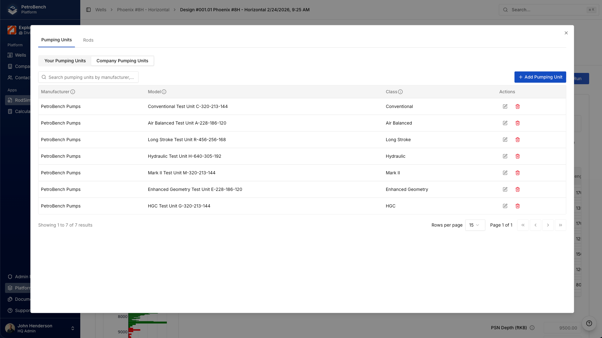Pumping Units tab in the equipment library showing manufacturer, model, and class columns