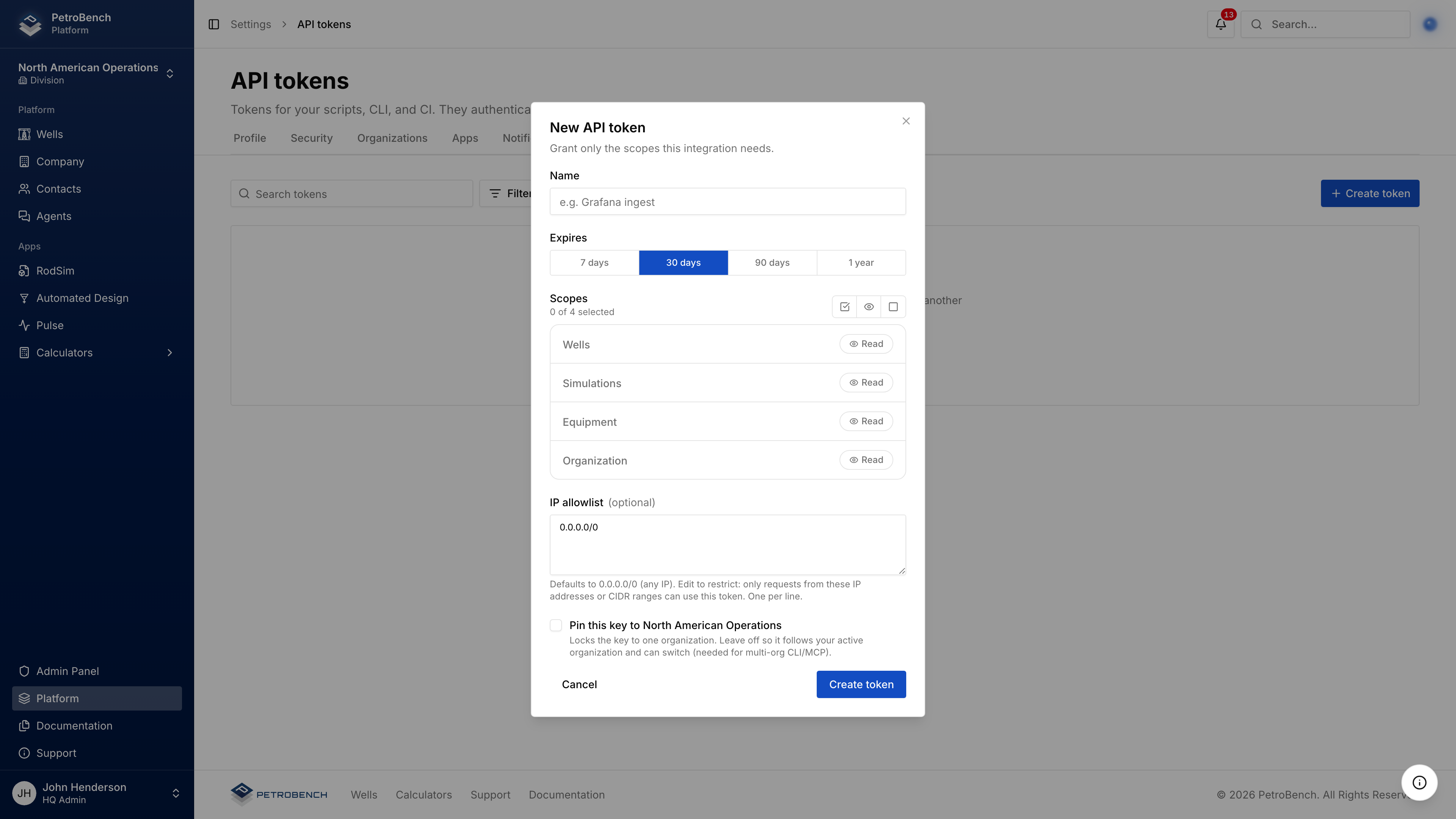 The new API token dialog with scopes, expiry and IP allowlist