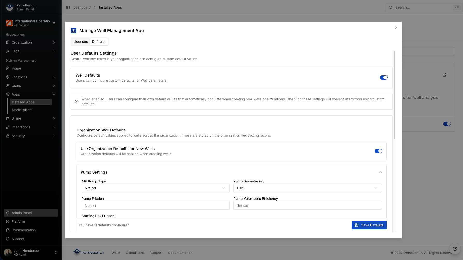 Admin app defaults settings page with organization-wide unit and well management configuration