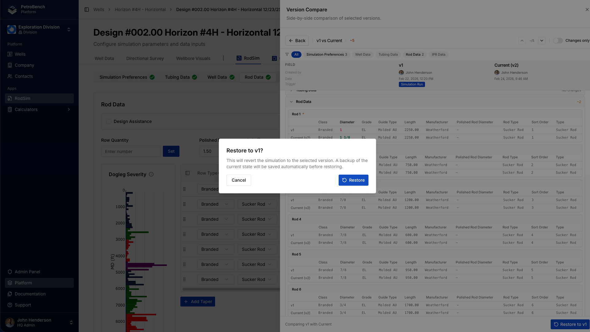 Restore confirmation dialog showing the version to be restored with a preview of changes