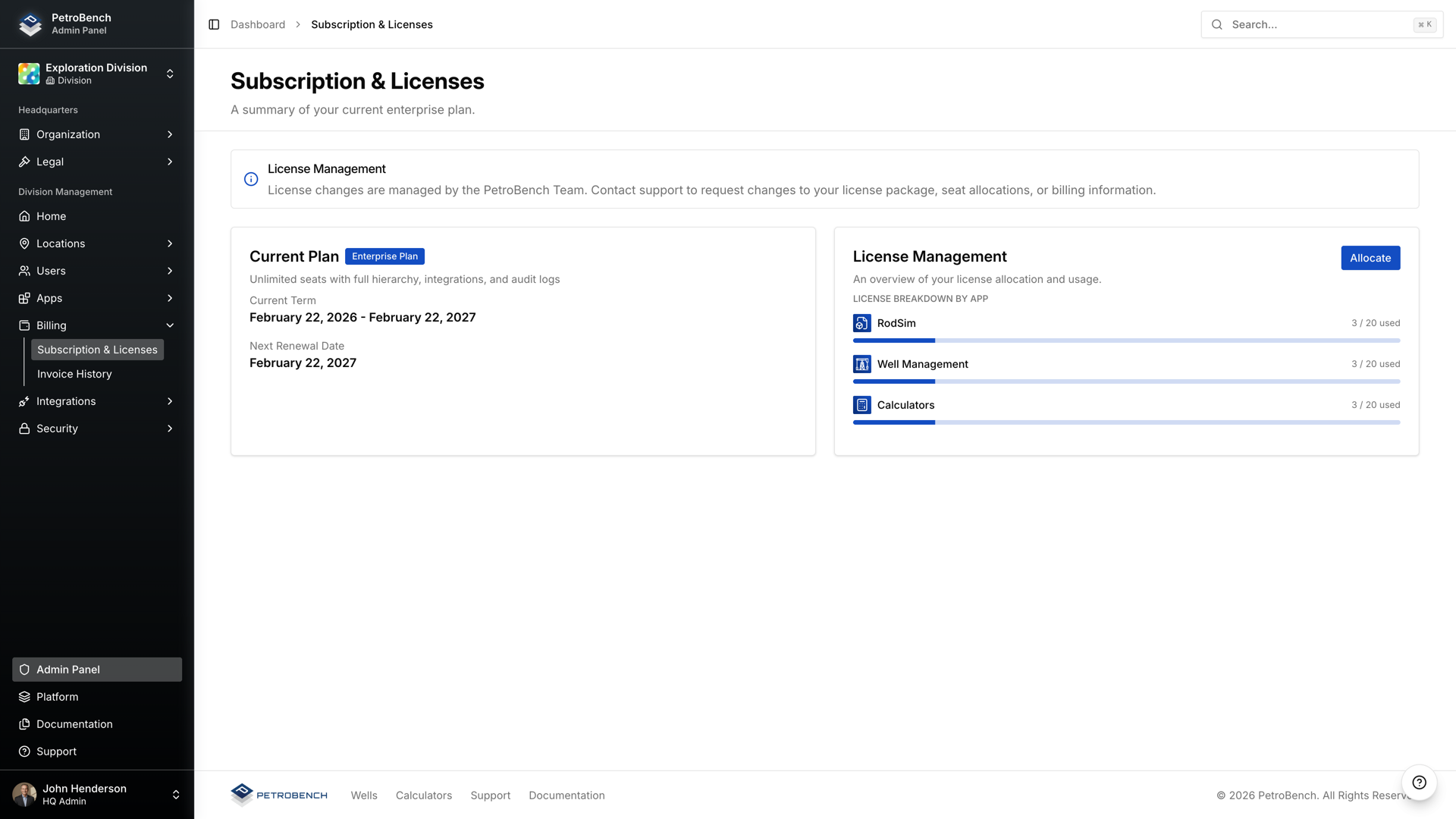 Subscription and Licenses page showing enterprise plan details and per-app license allocation
