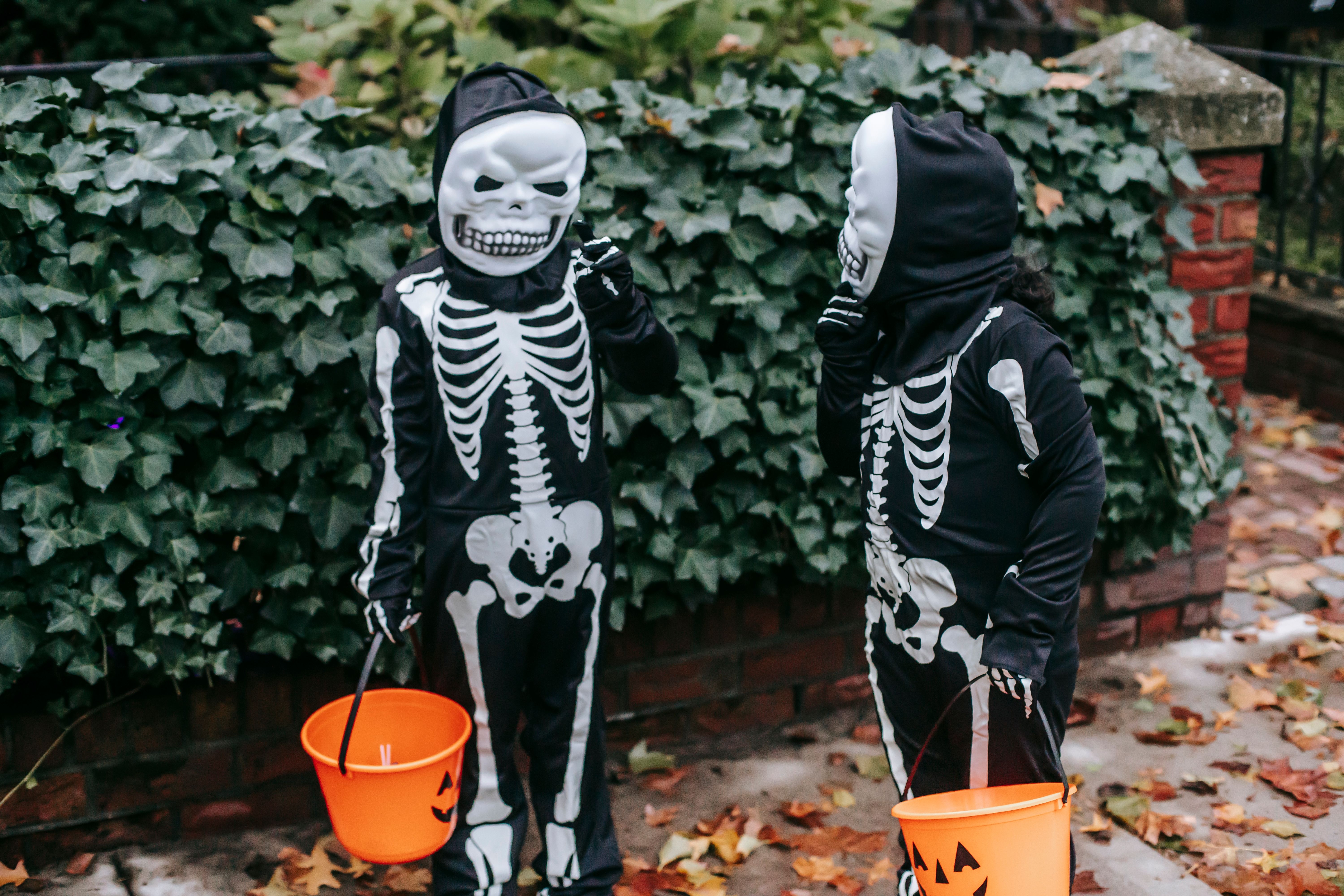 Image Two children in skeleton costumes holding pumpkin buckets on a leaf-covered sidewalk, a reminder of Halloween car accident risks.