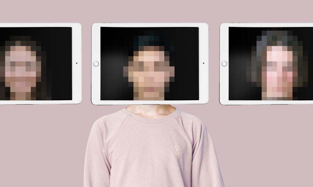 Three digital tablets displaying pixelated faces, illustrating the digital anonymity and privacy violations associated with NJ AI deepfake pornography charges and school-based cyber-harassment.