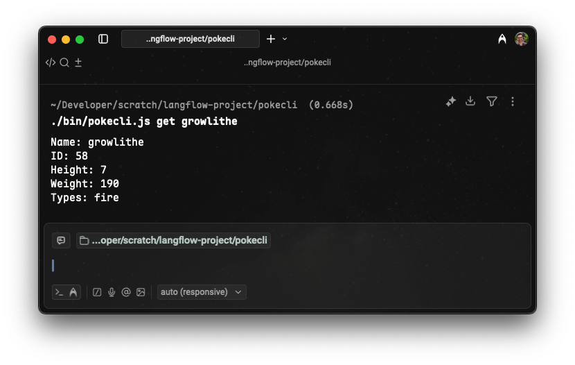 A terminal window running a pokedex CLI that returned details about growlithe.