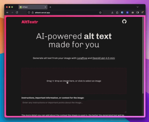 Using the app: choosing an image, submitting and then seeing generated text that you can edit then copy