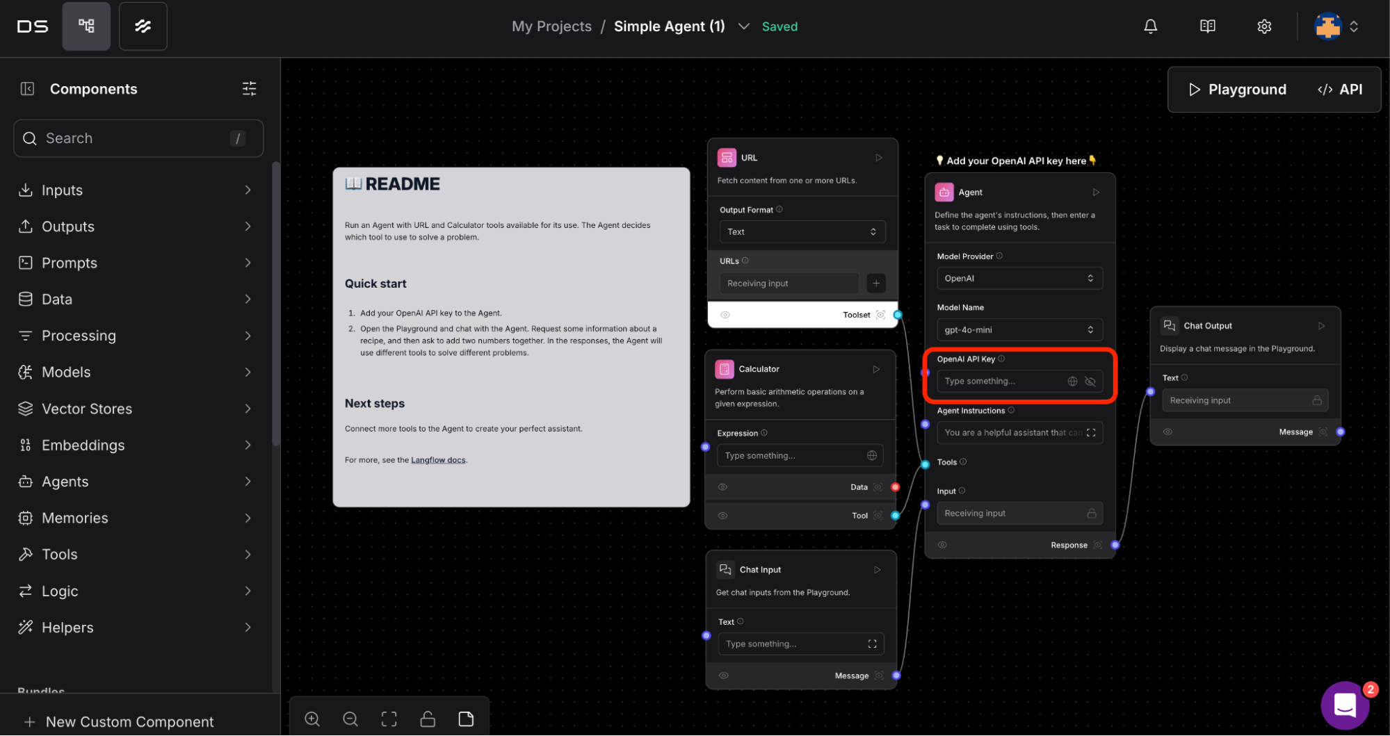 Enter your OpenAI API key in the Agent model's OpenAI API Key input