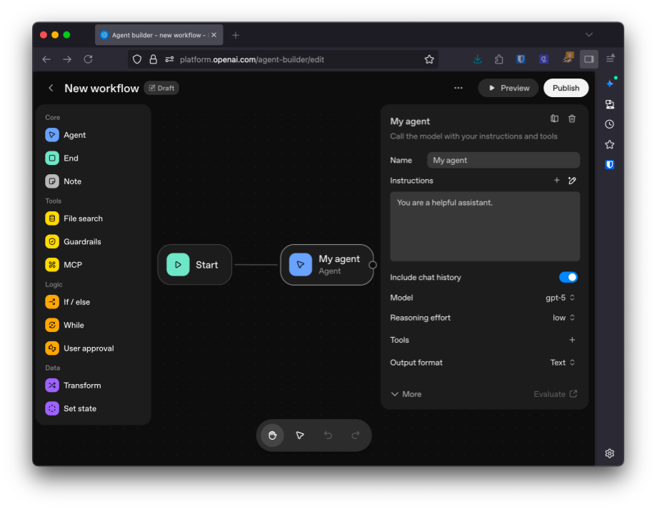 The default canvas has a Start and Agent node.