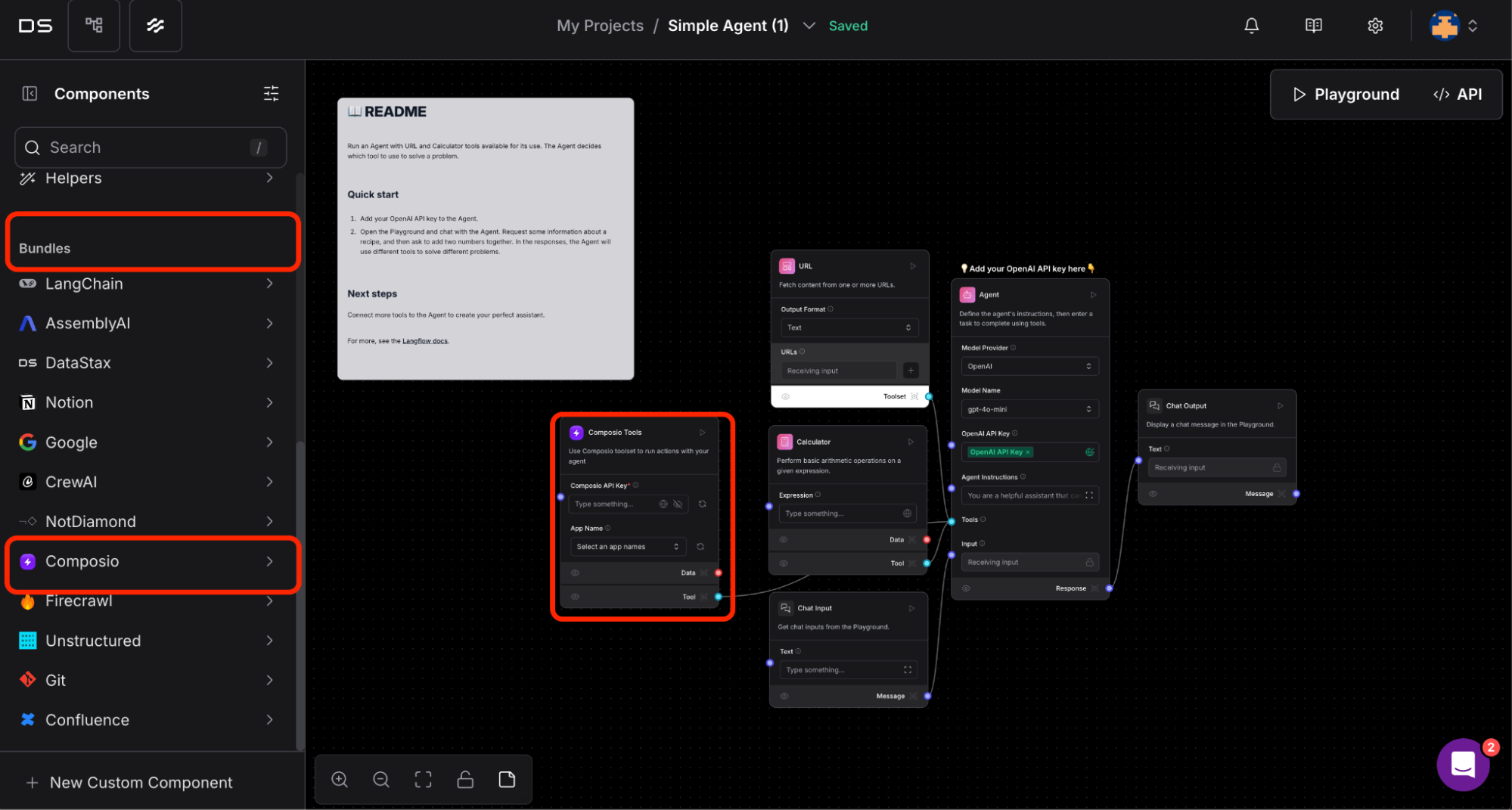 An image showing you where to find the Composio bundle in Langflow and how to drag and drop this to the flow and connect it to the “Agent” component” using the “Tool” linking points. 