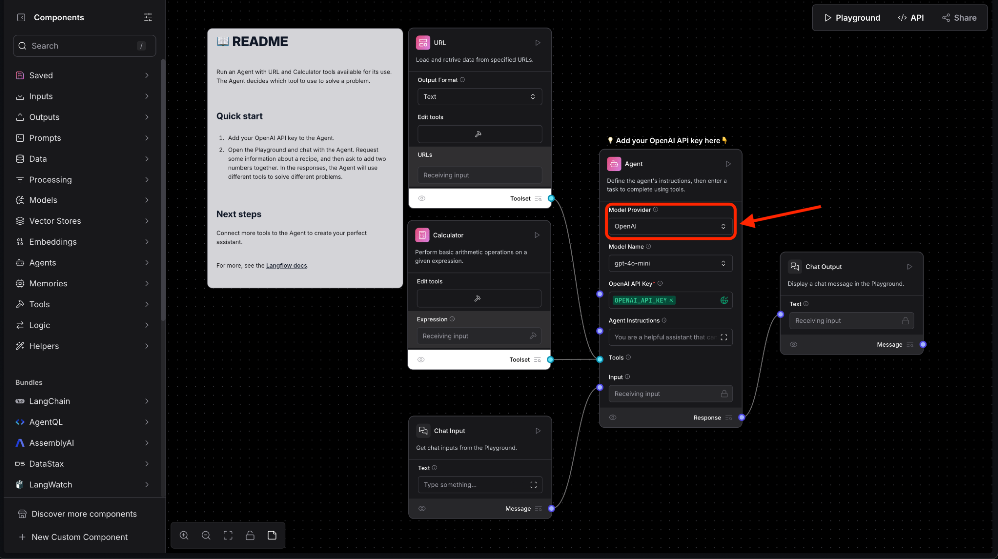 The Simple Agent flow defaults to using OpenAI's gpt-4o-mini