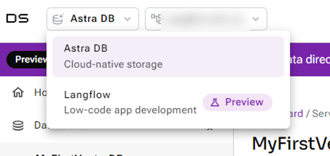 Astra dashboard DataStax Langflow application