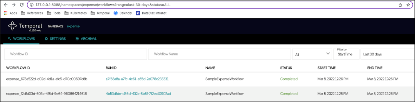 Screenshot of the Temporal UI where you can verify that your workflows show up. 