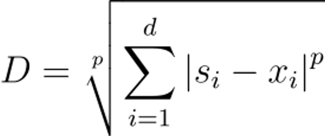 D = \sqrt[p]{\sum_{i=1}^{d}{|s_i - x_i|}^p}