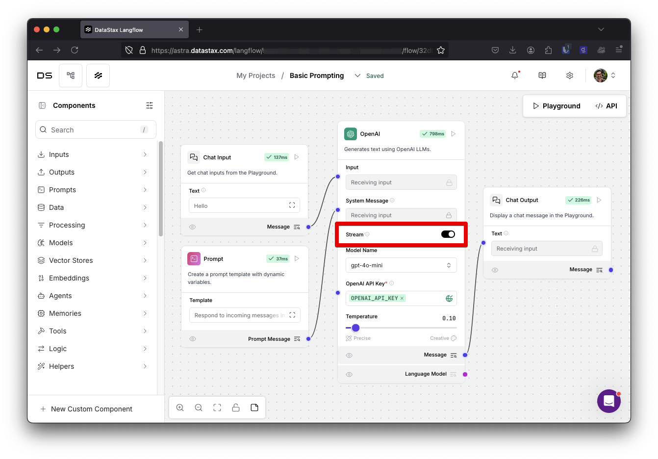 A screenshot of a Langflow flow with a chat input and prompt that are both connected to the OpenAI model. The OpenAI model component has the Stream setting enabled and it is connected to a Chat Output component.