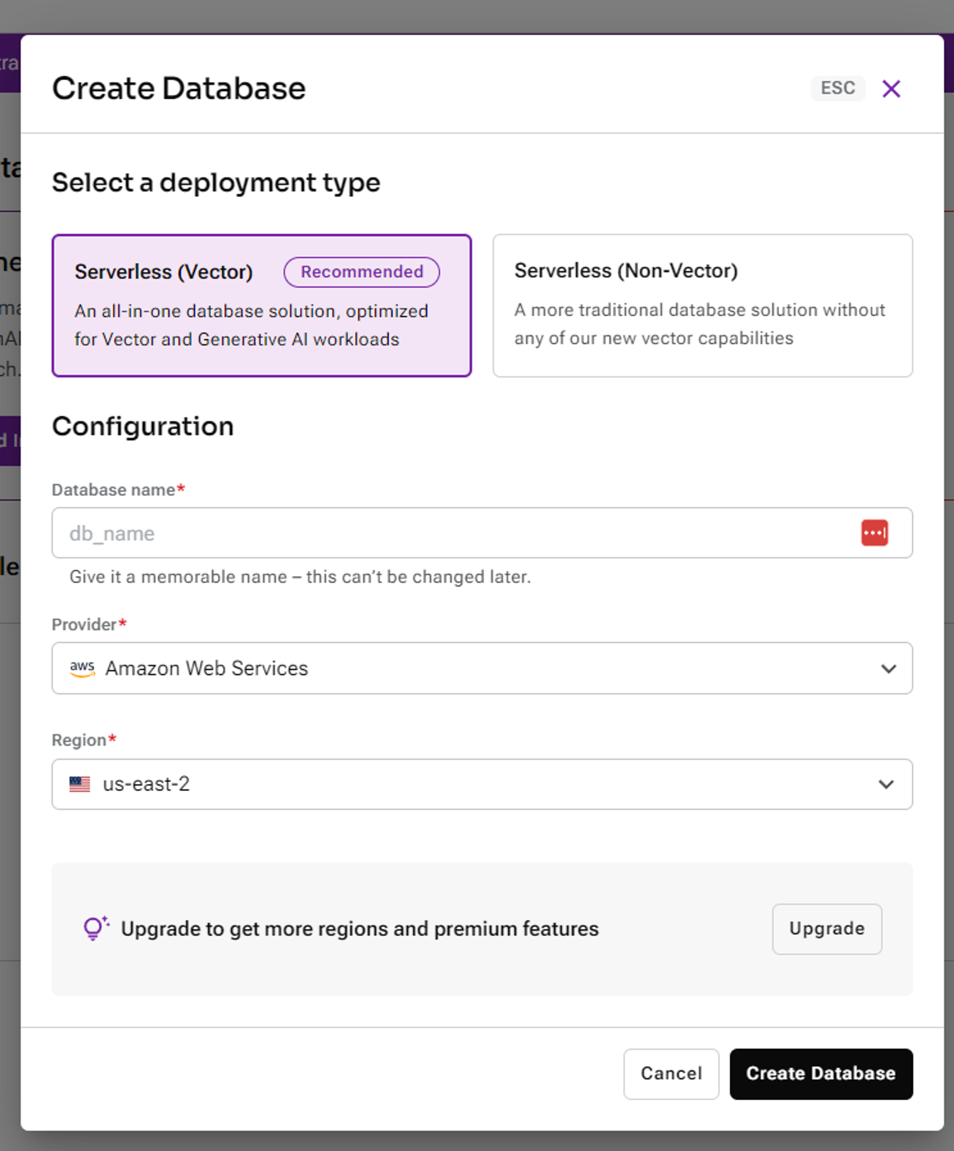 Astra create database dialog