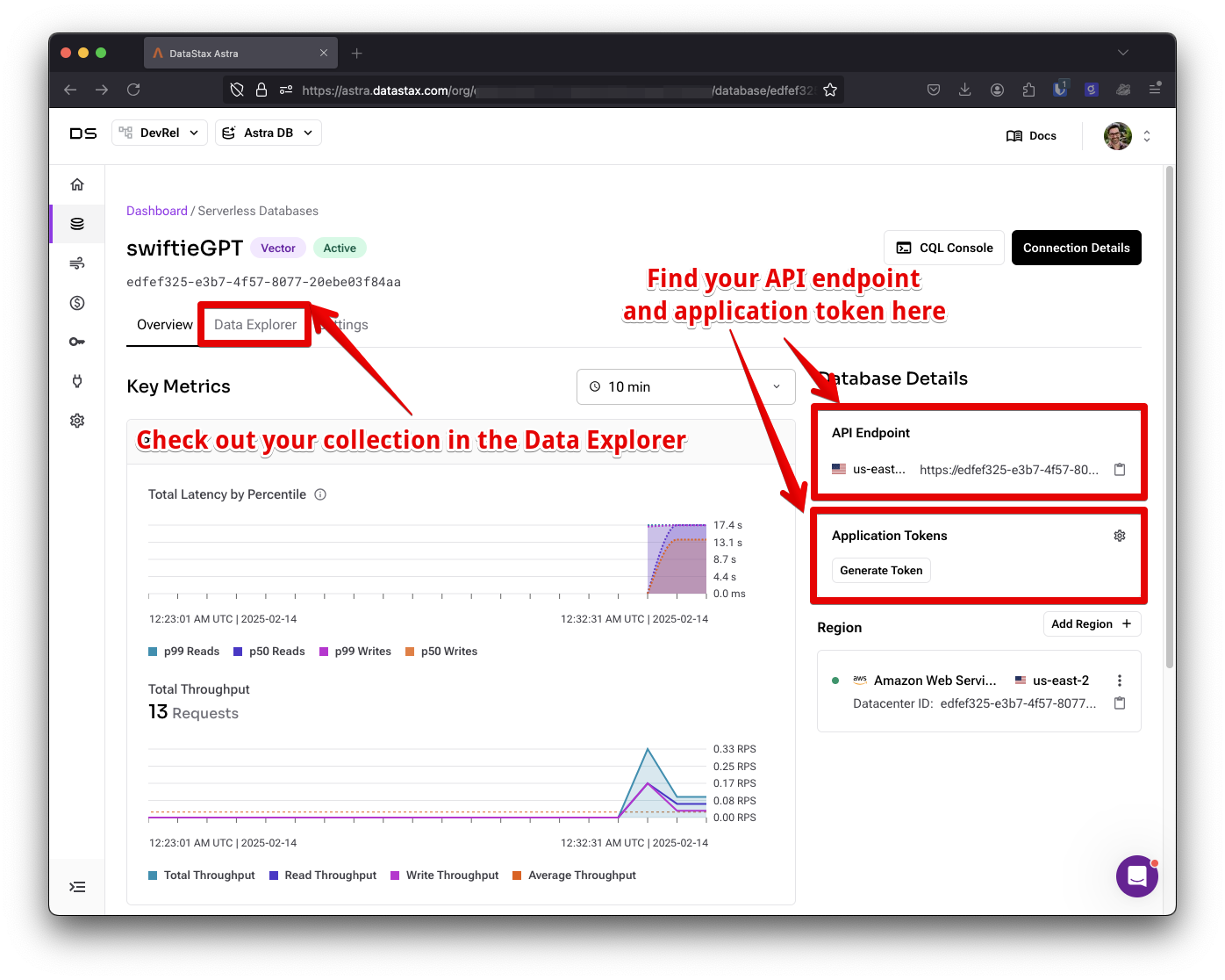 A screenshot of the database details in the DataStax dashboard. On the right of the page you can see your API endpoint and generate an application token. The collection can be seen in the Data Explorer tab.