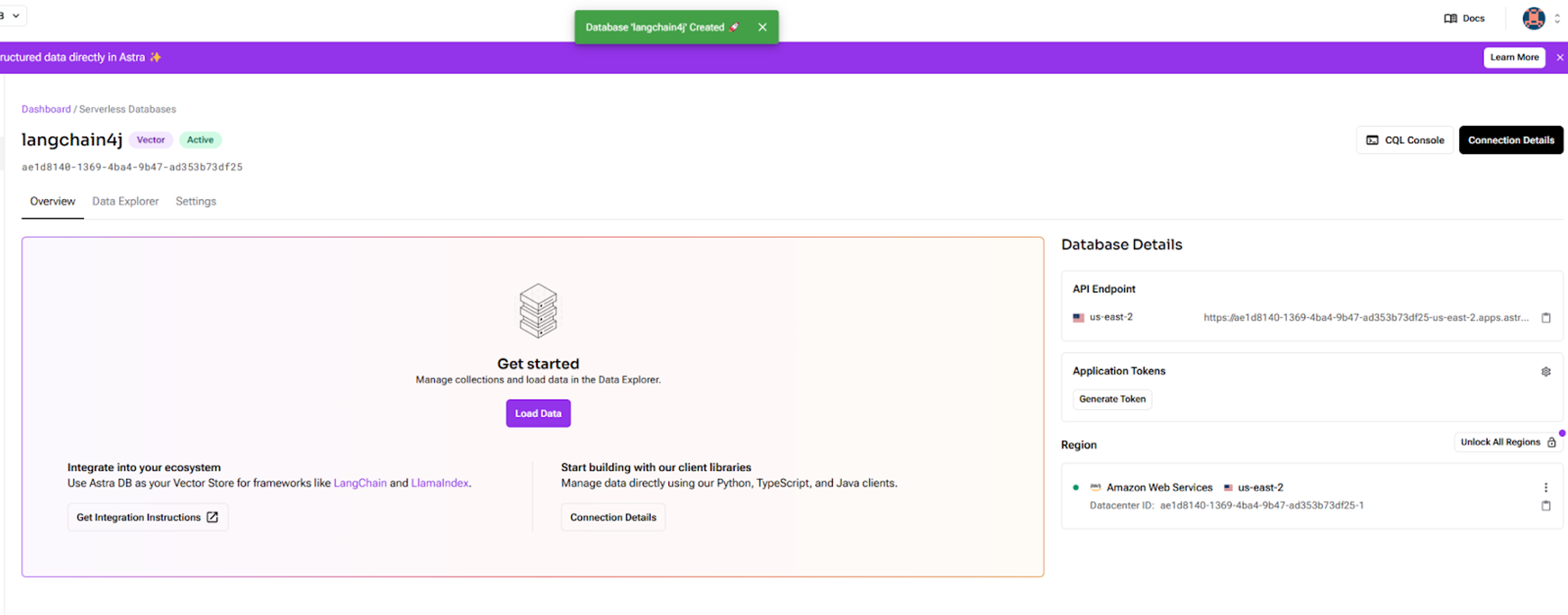 an initialized vector database dashboard