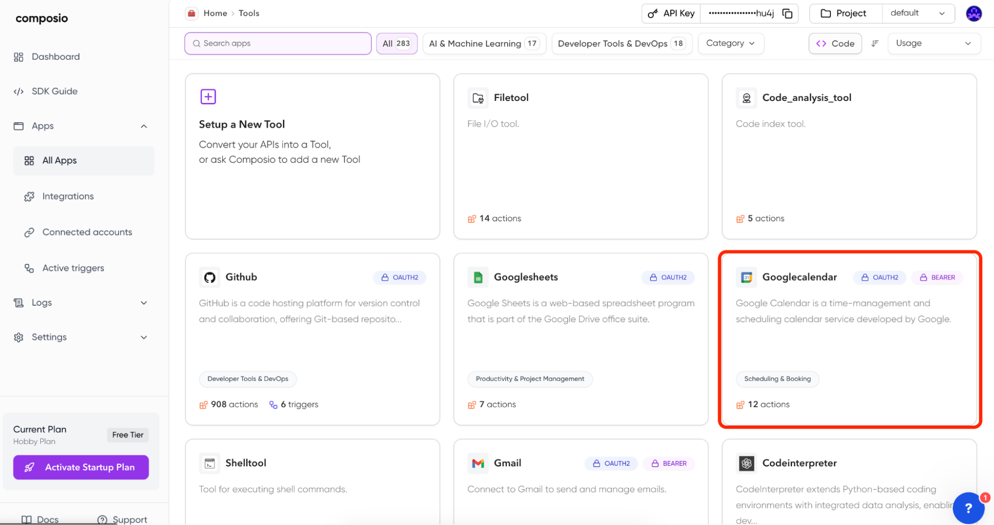 An image showing the available tools and integrations that you can connect with through Composio  - and highlighting the “Googlecalendar” integration.  