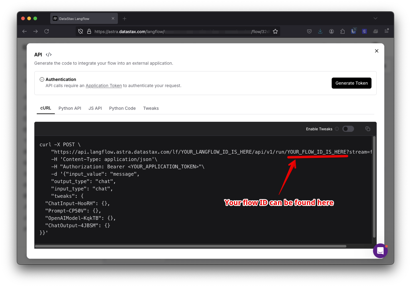 A screenshot of the Langflow API modal. It shows the API URL and points out that the flow ID can be found in the URL after api/v1/run.