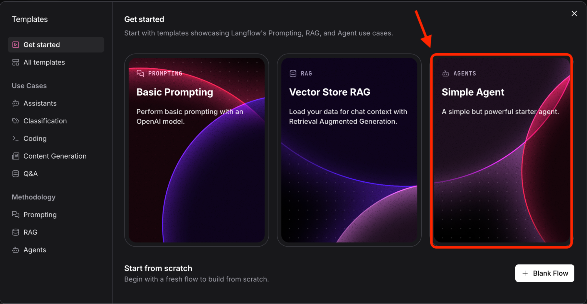 Choose the "Simple Agent" template from the provided options