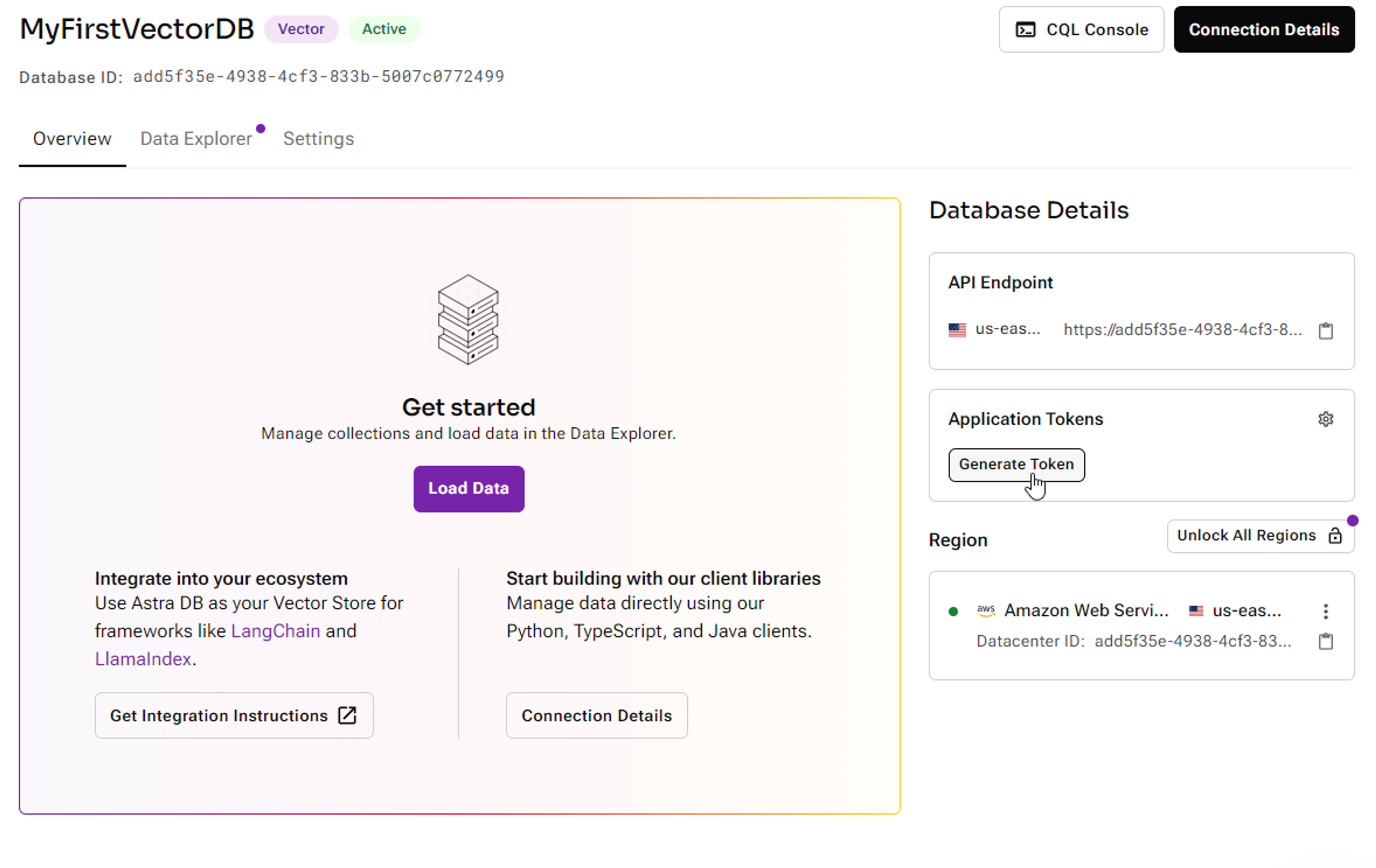 Astra generate application API token screen