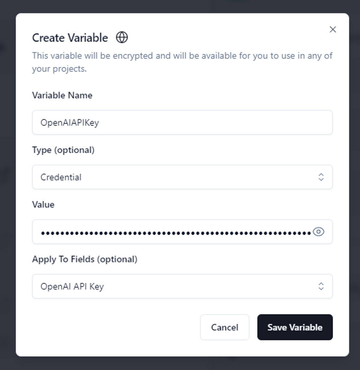 Create Variable window to give a Variable Name of OpenAIAPIKey and a Type of Credential