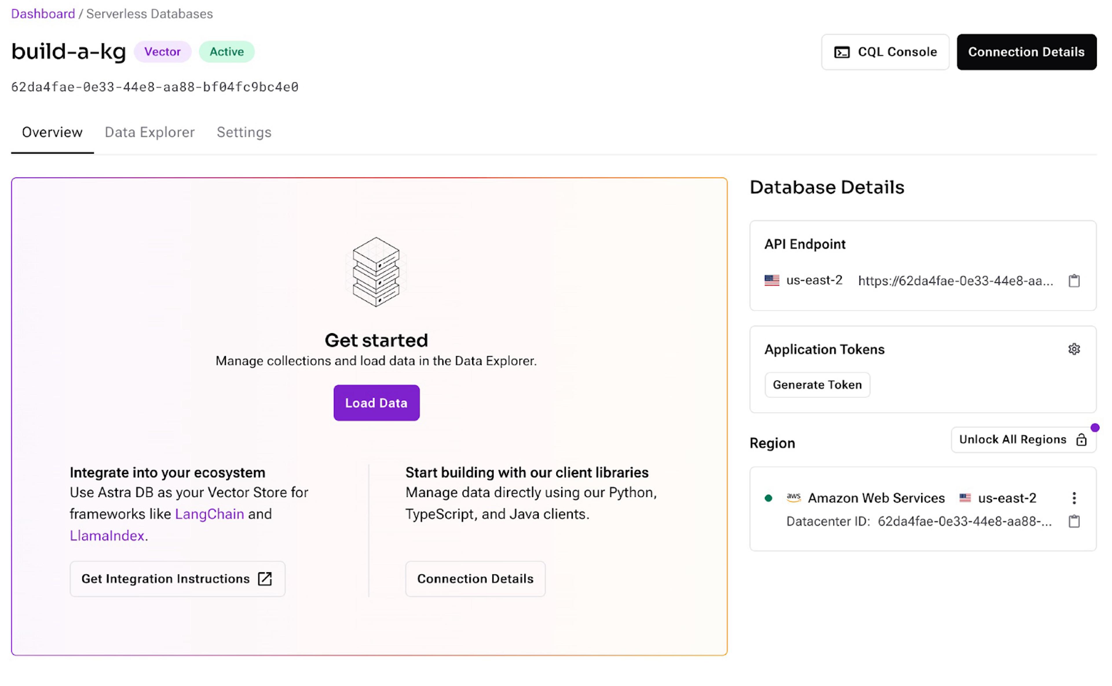 values for Astra DB in the Database Details section